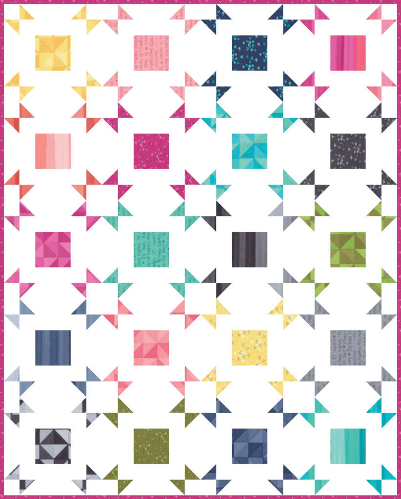 Cover photo of Layer Cake Pop. Colorful fabrics in an alternating sawtooth star and square pattern.