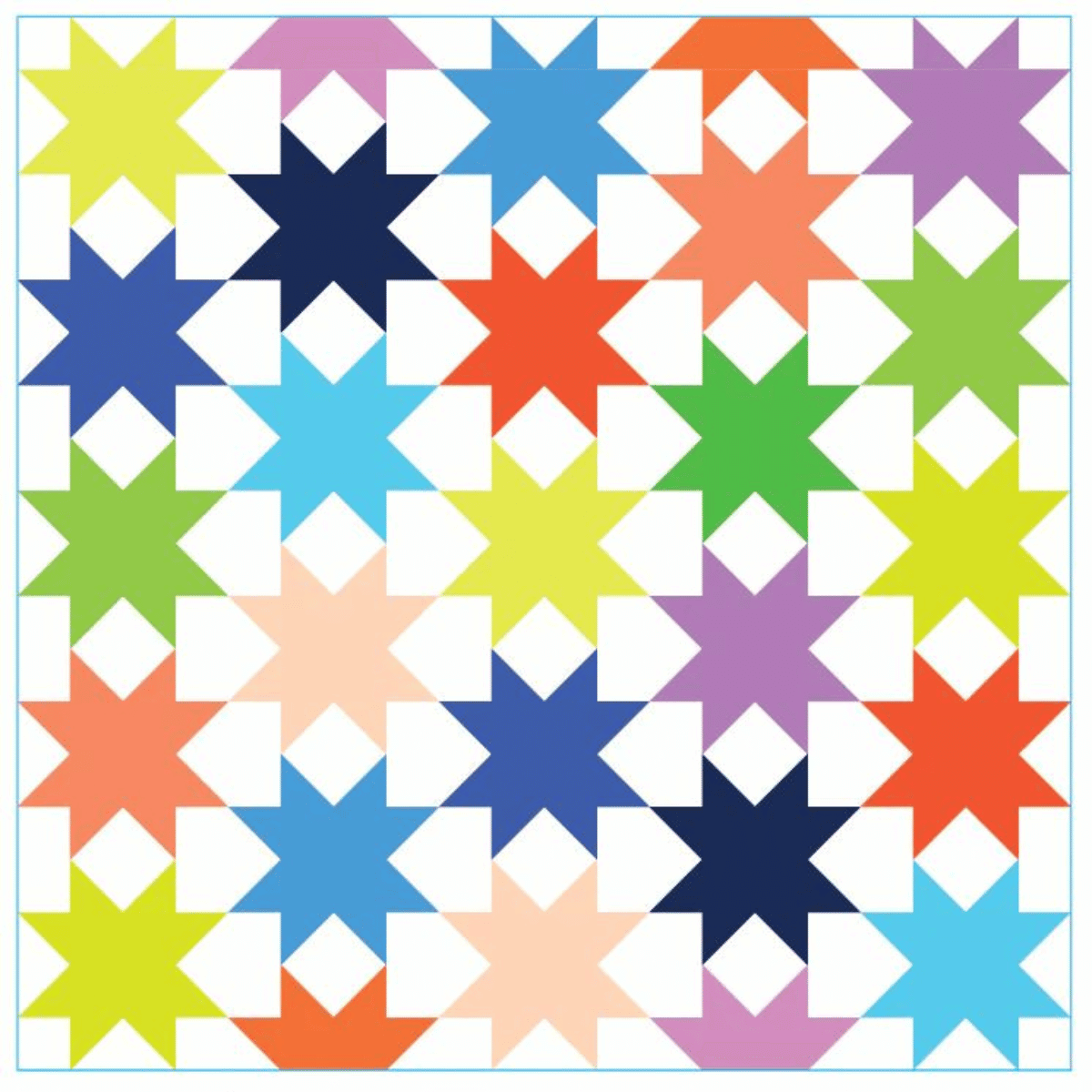 quilt made from evenly spaces sawtooth stars in bright colors